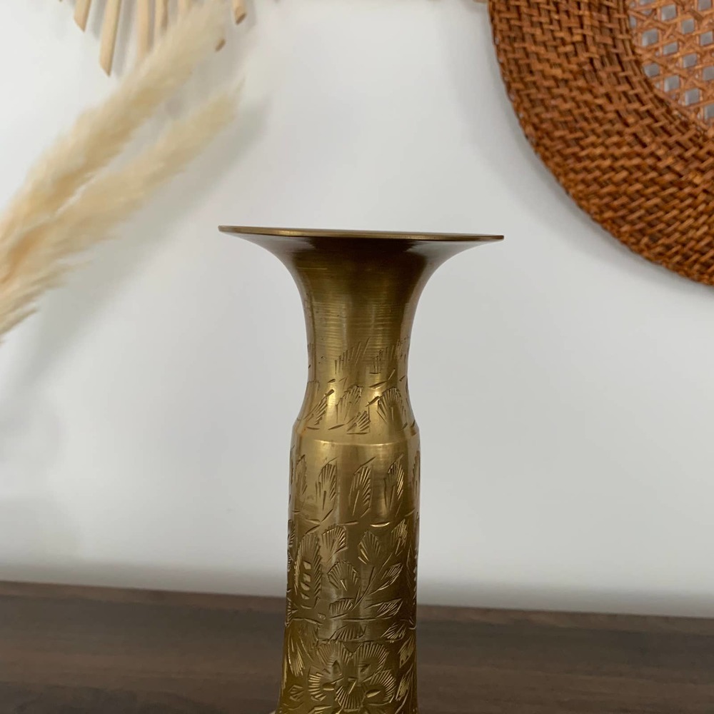 VTG Indian Gold Brass Etched Bottleneck Bud Vase - Picture 4 of 10